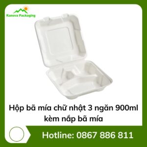 Hộp bã mía chữ nhật 3 ngăn 900ml kèm nắp bã mía