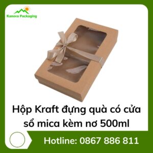 Hộp Kraft đựng quà có cửa sổ mica kèm nơ 500ml