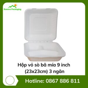 Hộp vỏ sò bã mía 9 inch- 23x23cm - 3 ngăn
