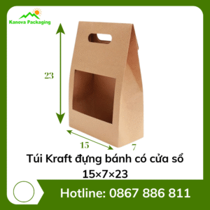 Túi Kraft đựng bánh có cửa sổ 15×7×23