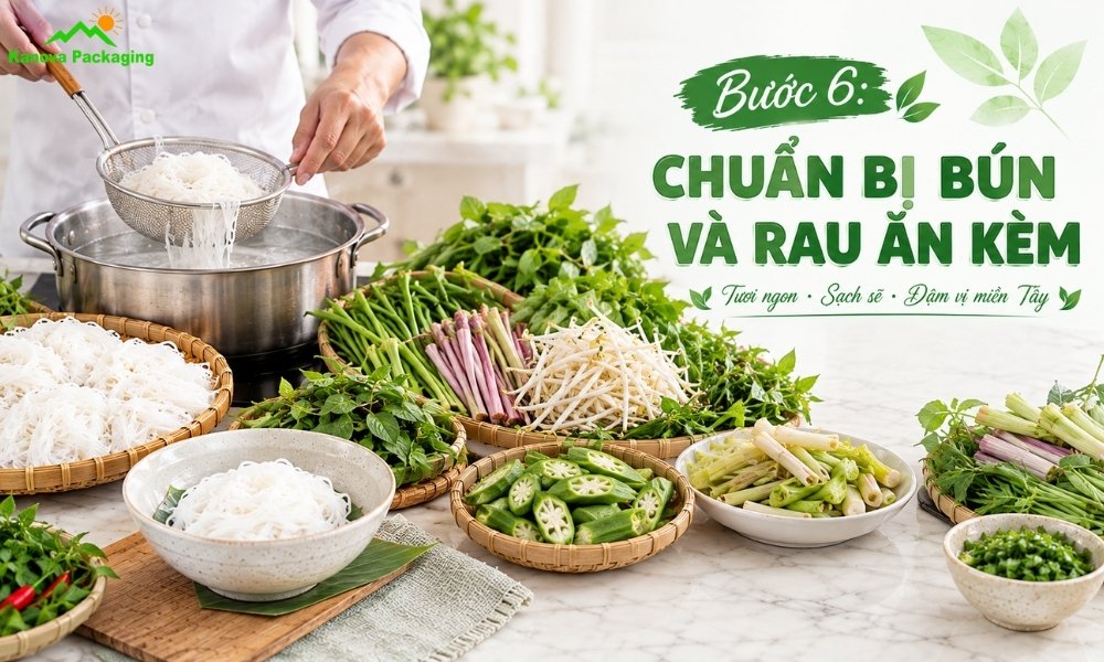 Chuẩn bị bún và rau ăn kèm